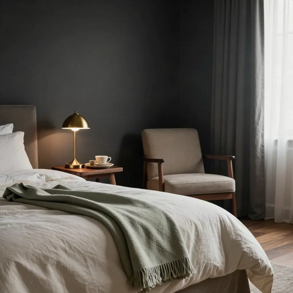 Guest bedroom with made bed, lamp, tea tray, and empty chair in moody light.