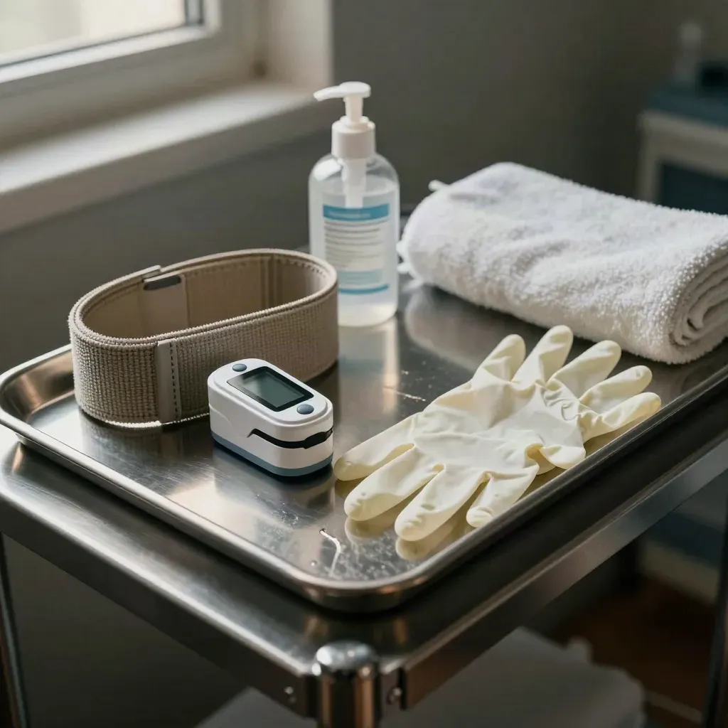 Pulse oximeter, folded gait belt, and gloves on a brushed-metal tray in a dim home-care kit setup.