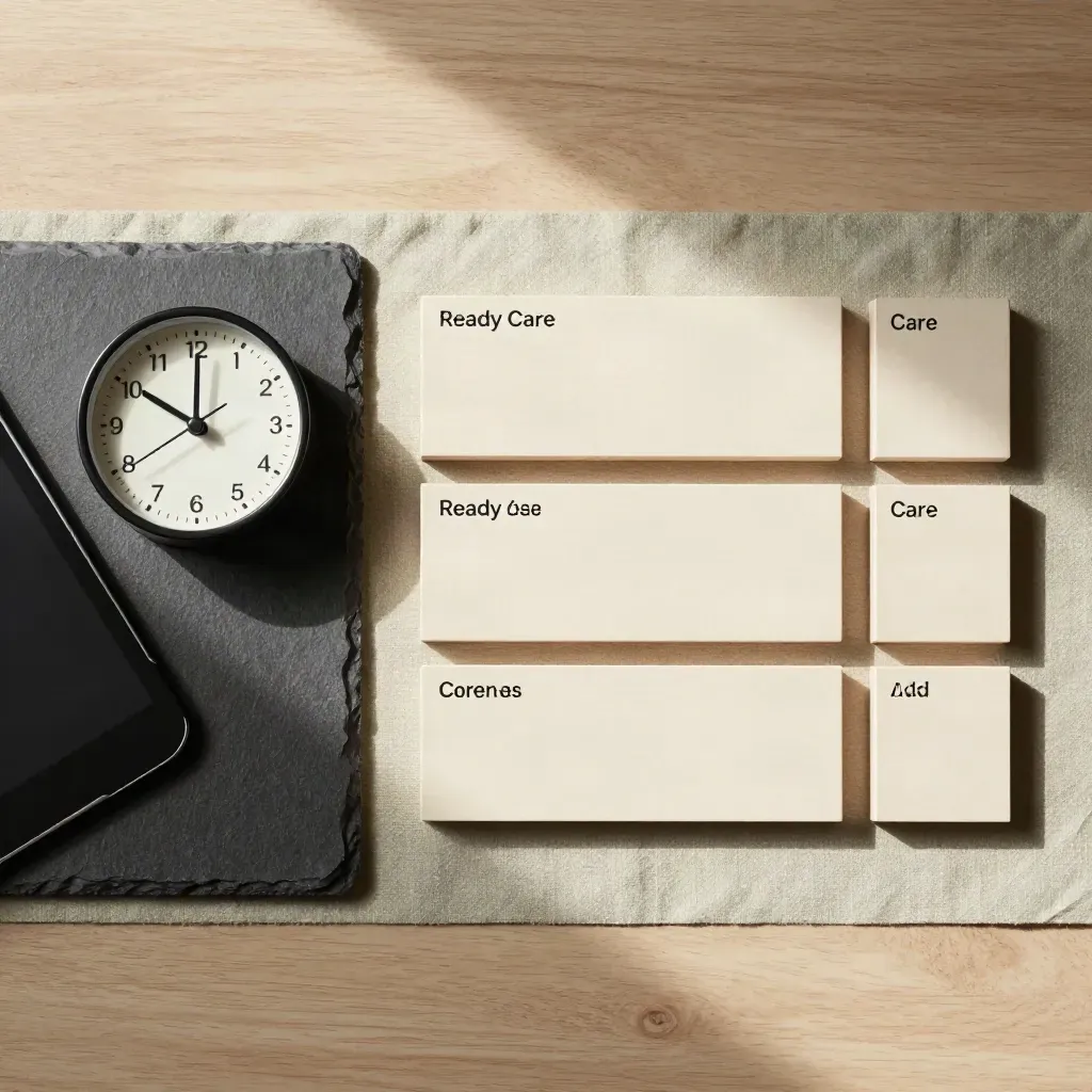 Top-down plan setup with wooden blocks, desk clock and tablet on pale wood.