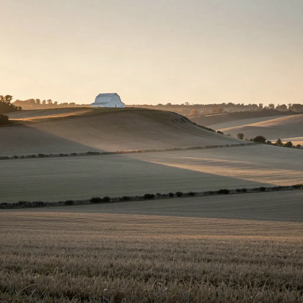 Caledon escarpment, white barn, and hazy farm fields at golden hour.